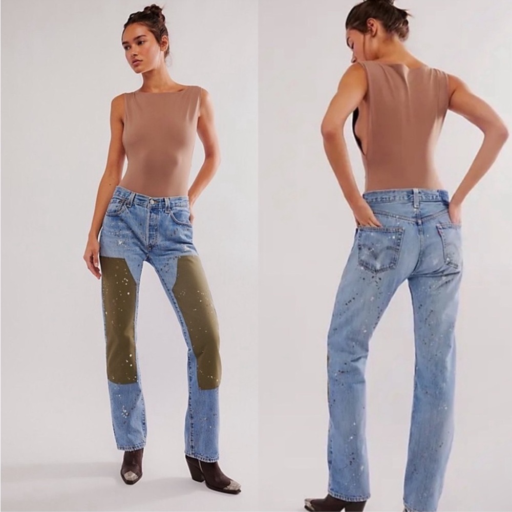 Free People Tricia Fix Double Patched Carpenter Jeans Olive Green Size Med NWT